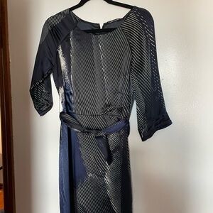 Tahari Black and Silver Sheath Dress 3/4 Sleeve Crew Neck